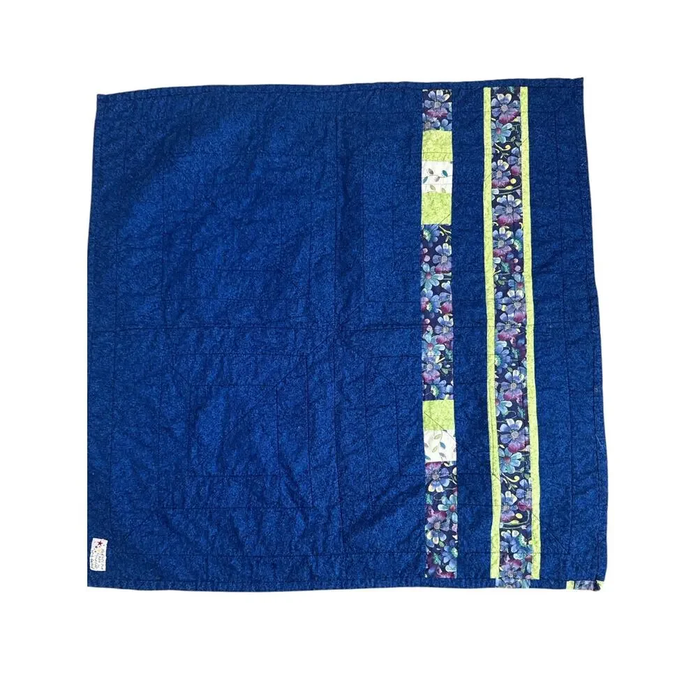 Vintage Hand Made Blue Green Geometric Baby Quilt 31”x31”